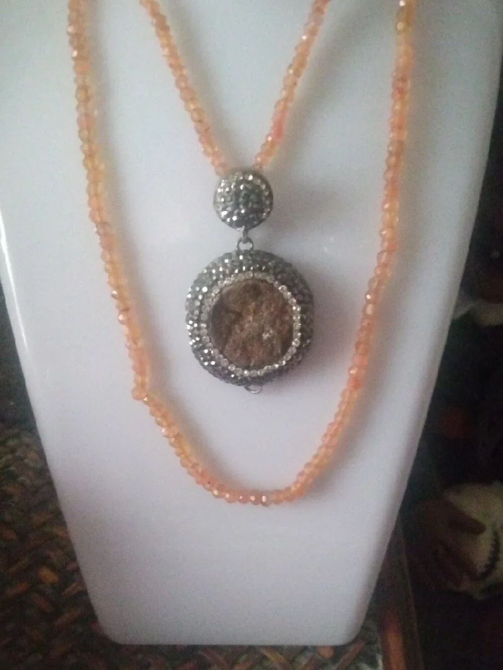 Orange Beaded Pendant Necklace with Decorative Silver-Tone Accent